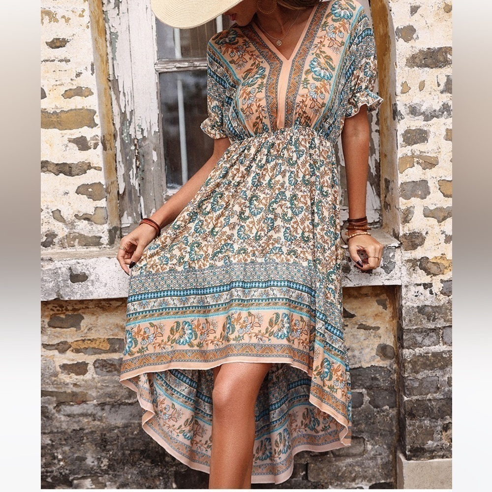 C. Cline Woman Apricot & Blue Floral V- Neck A- Line Dress, Size Small
